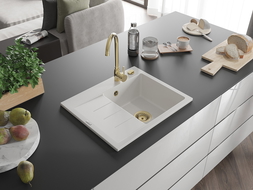 Mexen Ben Évier en granit 1 bac avec égouttoir, droit 600 x 500 mm, blanc, siphon doré - 6523605000-20-G