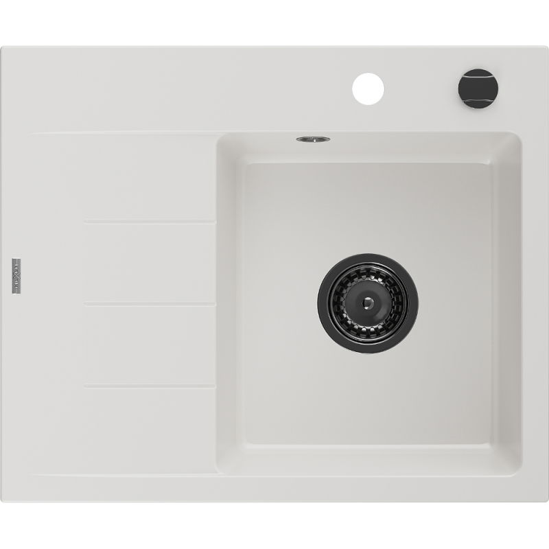 Mexen Ben évier en granit 1 bac avec égouttoir à droite 600 x 500 mm, blanc, siphon noir - 6523605000-20-B