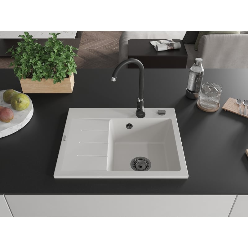 Mexen Ben évier en granit 1 bac avec égouttoir, à droite 600 x 500 mm, blanc, siphon noir - 6523605000-20-B