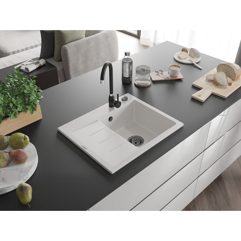 Mexen Ben évier en granit 1 bac avec égouttoir, à droite 600 x 500 mm, blanc, siphon noir - 6523605000-20-B