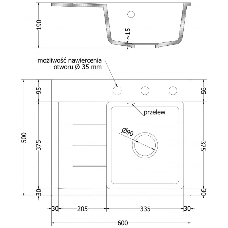 Mexen Ben évier en granit 1 bac avec égouttoir, à droite 600 x 500 mm, blanc, siphon noir - 6523605000-20-B