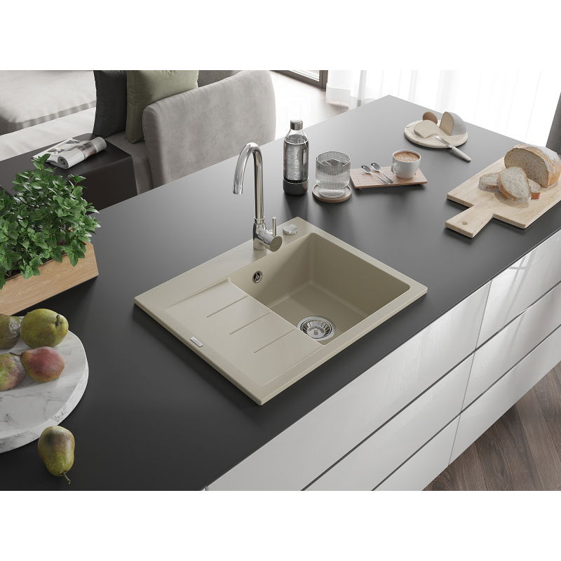 Mexen Ben évier en granit 1 bac avec égouttoir, à droite 600 x 500 mm, beige, siphon chromé - 6523605000-69