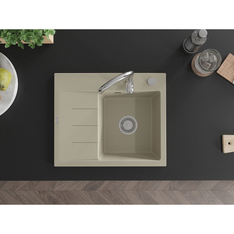 Mexen Ben évier en granit 1 bac avec égouttoir, à droite 600 x 500 mm, beige, siphon chromé - 6523605000-69