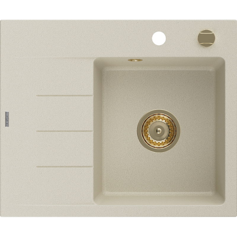 Mexen Ben évier en granit 1 bac avec égouttoir à droite 600 x 500 mm, beige, siphon doré - 6523605000-69-G