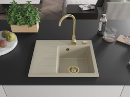 Mexen Ben évier en granit 1 bac avec égouttoir à droite 600 x 500 mm, beige, siphon doré - 6523605000-69-G