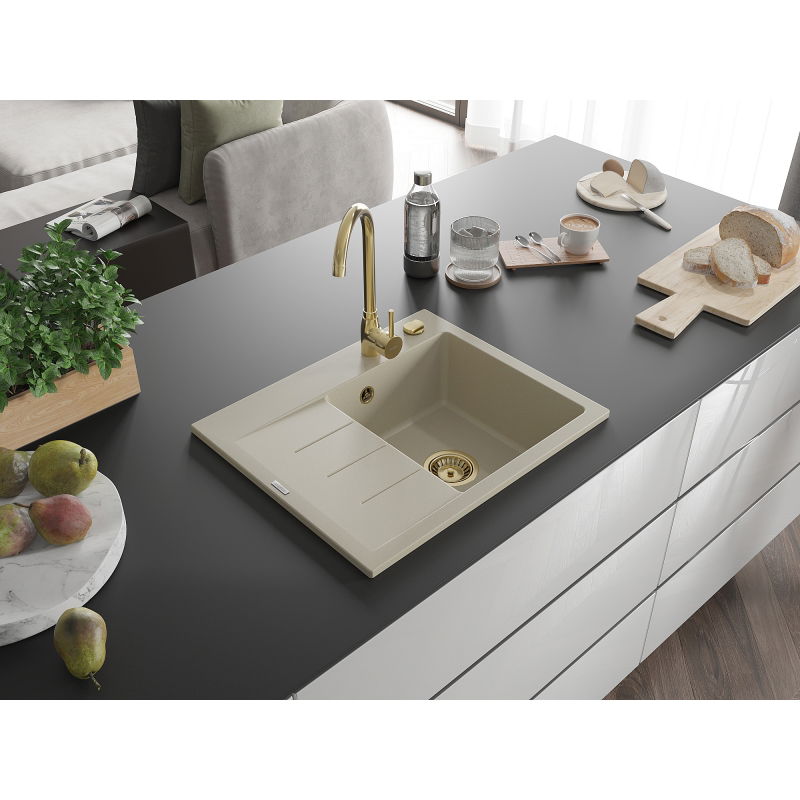 Mexen Ben évier en granit à 1 bac avec égouttoir, droit 600 x 500 mm, beige, siphon doré - 6523605000-69-G