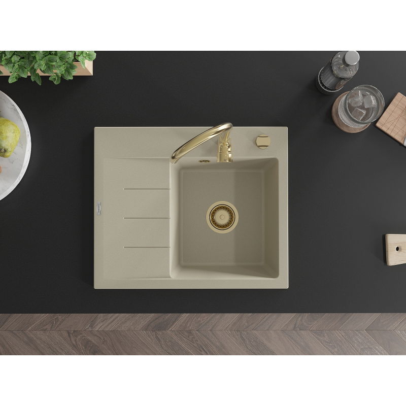 Mexen Ben évier en granit à 1 bac avec égouttoir, droit 600 x 500 mm, beige, siphon doré - 6523605000-69-G