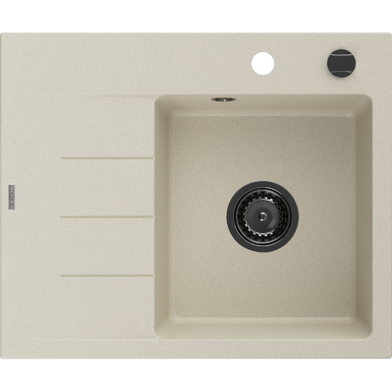 Mexen Ben évier en granit 1 bac avec égouttoir droit 600 x 500 mm, beige, siphon noir - 6523605000-69-B