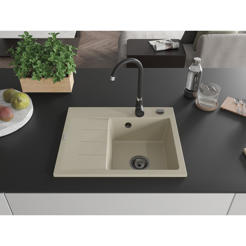 Mexen Ben évier en granit 1 bac avec égouttoir, droit 600 x 500 mm, beige, siphon noir - 6523605000-69-B