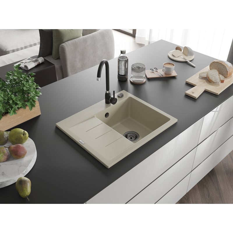 Mexen Ben évier en granit 1 bac avec égouttoir, droit 600 x 500 mm, beige, siphon noir - 6523605000-69-B