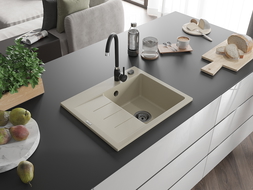 Mexen Ben évier en granit 1 bac avec égouttoir droit 600 x 500 mm, beige, siphon noir - 6523605000-69-B