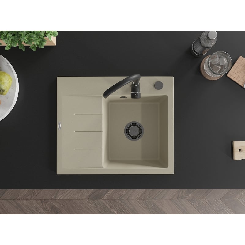 Mexen Ben évier en granit 1 bac avec égouttoir, droit 600 x 500 mm, beige, siphon noir - 6523605000-69-B