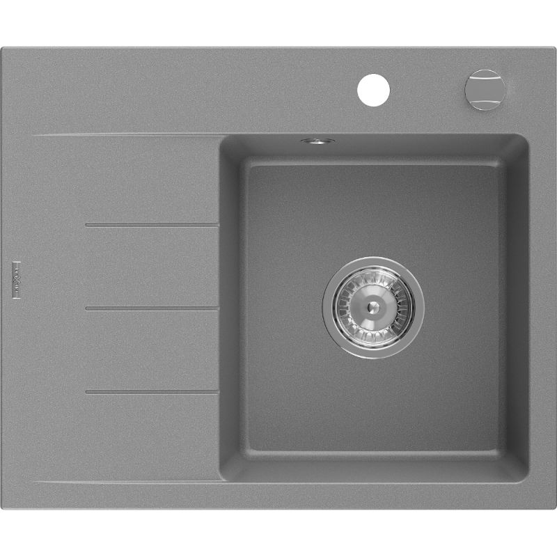 Mexen Ben évier de cuisine en granit 1 cuve avec égouttoir droit 600 x 500 mm, gris, siphon chromé - 6523605000-71