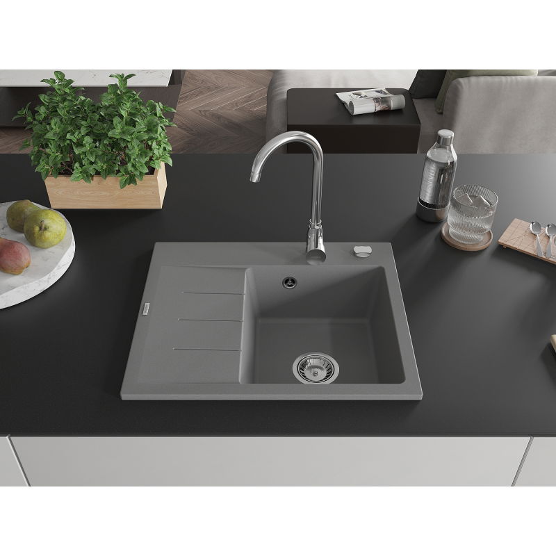 Mexen Ben évier en granit 1 bac avec égouttoir, côté droit 600 x 500 mm, gris, siphon chromé - 6523605000-71