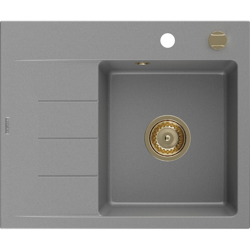 Mexen Ben évier granit 1 bac avec égouttoir, droit 600 x 500 mm, gris, siphon doré - 6523605000-71-G