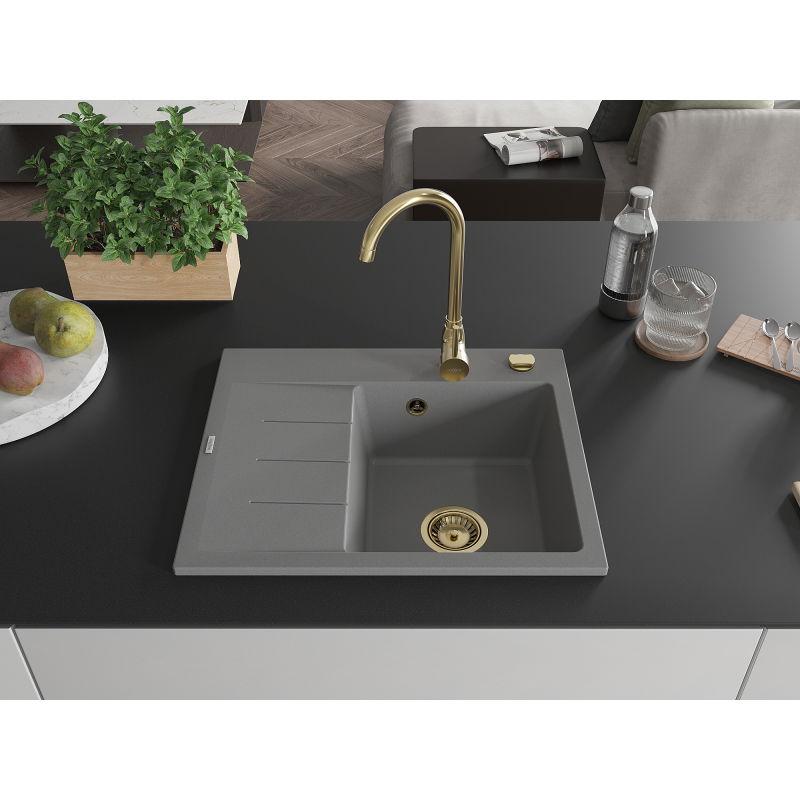 Mexen Ben évier granit 1 bac avec égouttoir, droit 600 x 500 mm, gris, siphon doré - 6523605000-71-G