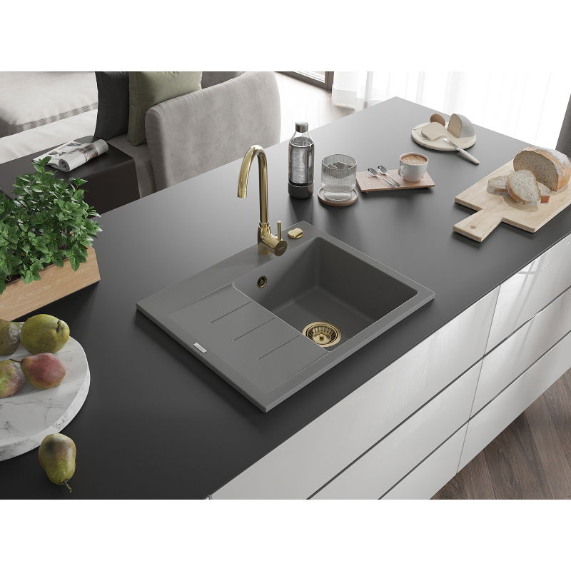 Mexen Ben évier granit 1 bac avec égouttoir, droit 600 x 500 mm, gris, siphon doré - 6523605000-71-G