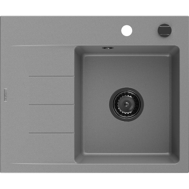 Mexen Ben évier en granit à 1 bac avec égouttoir, droit 600 x 500 mm, gris, siphon noir - 6523605000-71-B