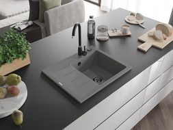 Mexen Ben évier en granit 1 bac avec égouttoir à droite 600 x 500 mm, gris, siphon noir - 6523605000-71-B