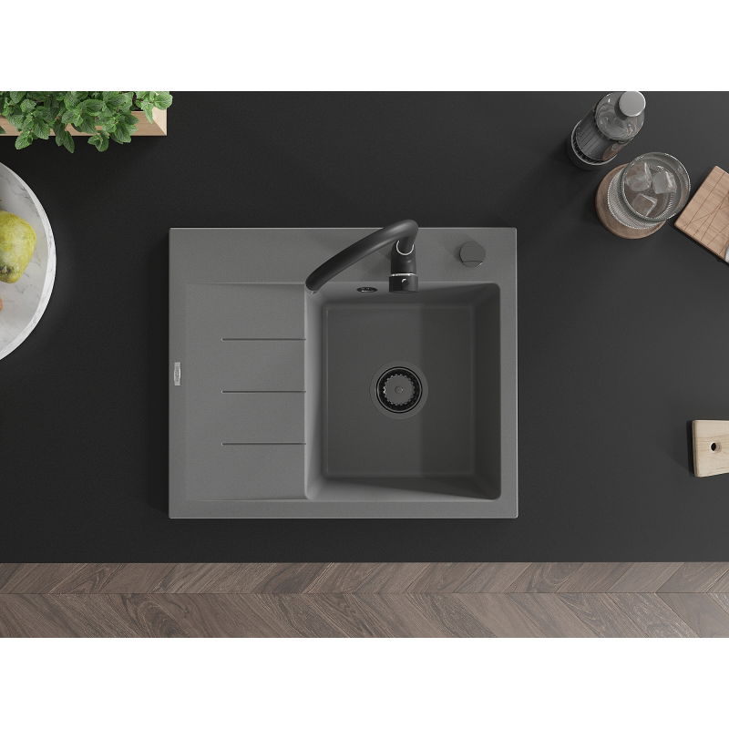 Mexen Ben évier en granit à 1 bac avec égouttoir, droit 600 x 500 mm, gris, siphon noir - 6523605000-71-B