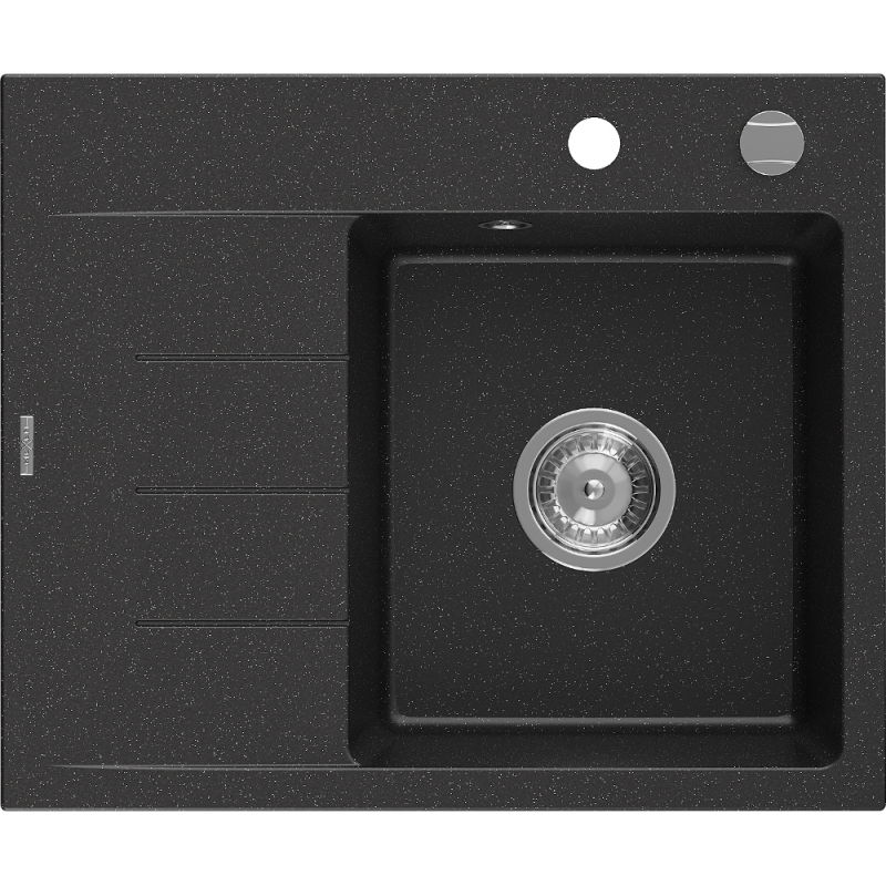 Mexen Ben évier en granit 1 bac avec égouttoir droite 600 x 500 mm, noir/argent métallisé, siphon chromé - 6523605000-73
