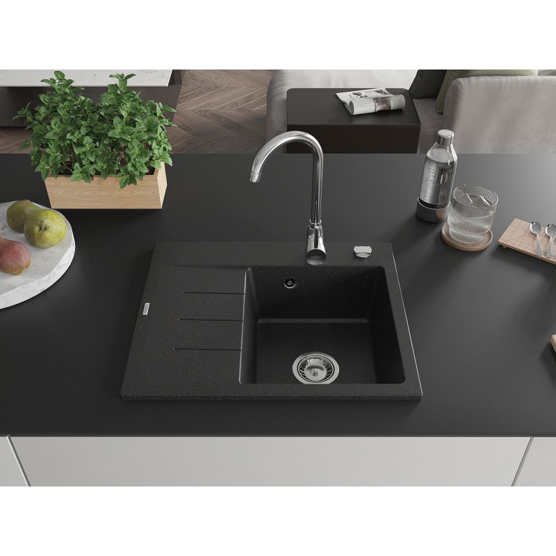 Mexen Ben Évier en granit 1 bac avec égouttoir, droit 600 x 500 mm, noir/argent métallisé, siphon chromé - 6523605000-73