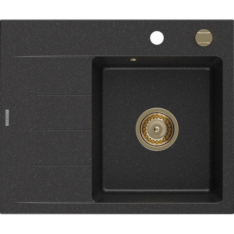 Mexen Ben évier en granit 1 bac avec égouttoir à droite 600 x 500 mm noir/métallique argenté, siphon doré - 6523605000-73-G