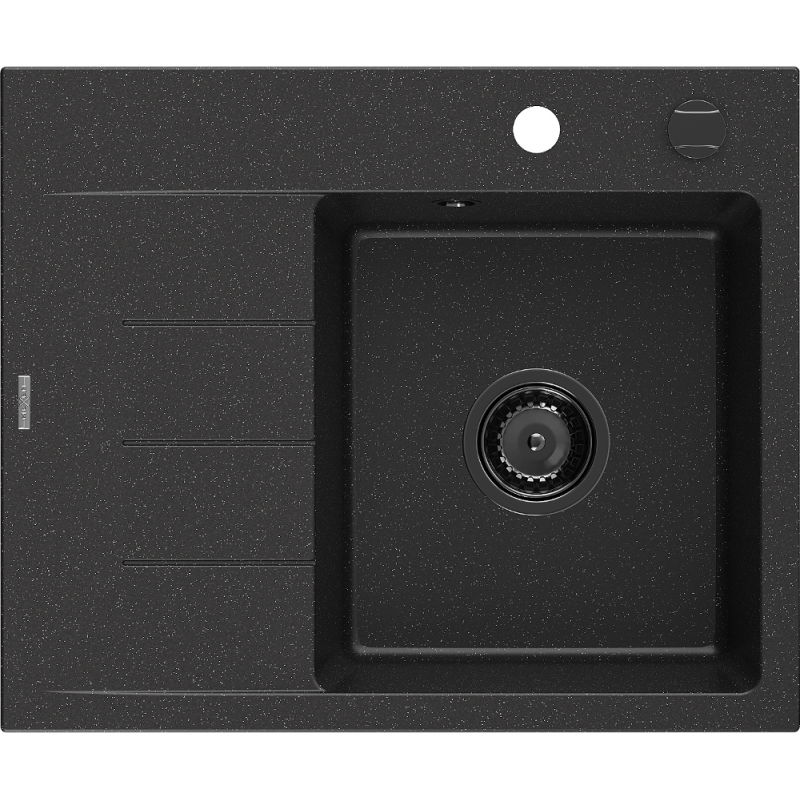 Mexen Ben évier en granit 1 bac avec égouttoir droit 600 x 500 mm noir/métallique argenté siphon noir - 6523605000-73-B