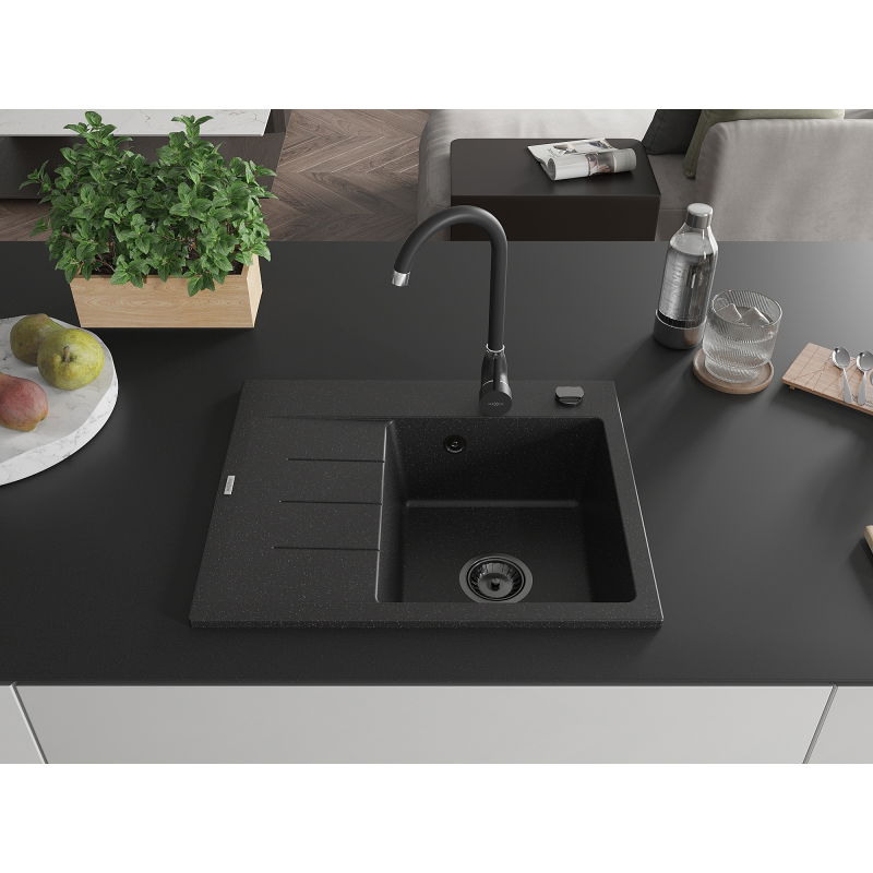 Mexen Ben évier en granit à 1 bac avec égouttoir, droit 600x500 mm, noir/argent métallisé siphon noir - 6523605000-73-B