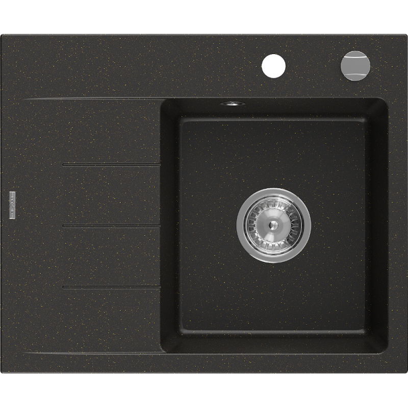 Mexen Ben évier en granit 1 bac avec égouttoir à droite 600 x 500 mm, noir/or métallisé, siphon chromé - 6523605000-75