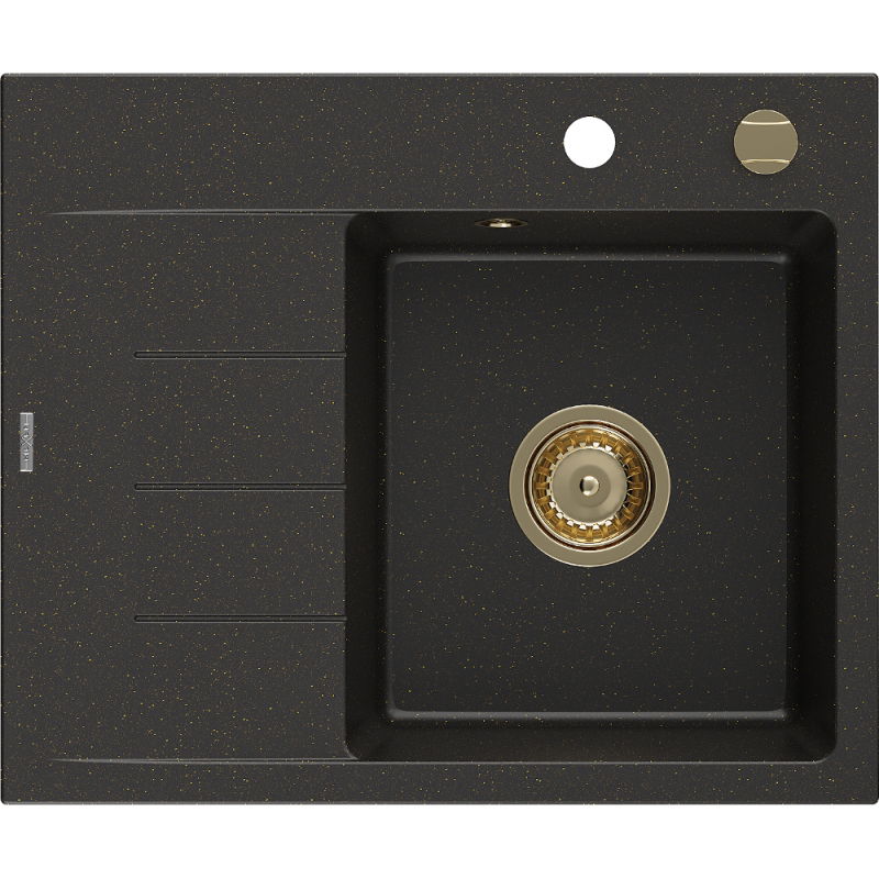 Mexen Ben évier en granit 1 bac avec égouttoir, droit 600 x 500 mm, noir/doré métallique, siphon doré - 6523605000-75-G