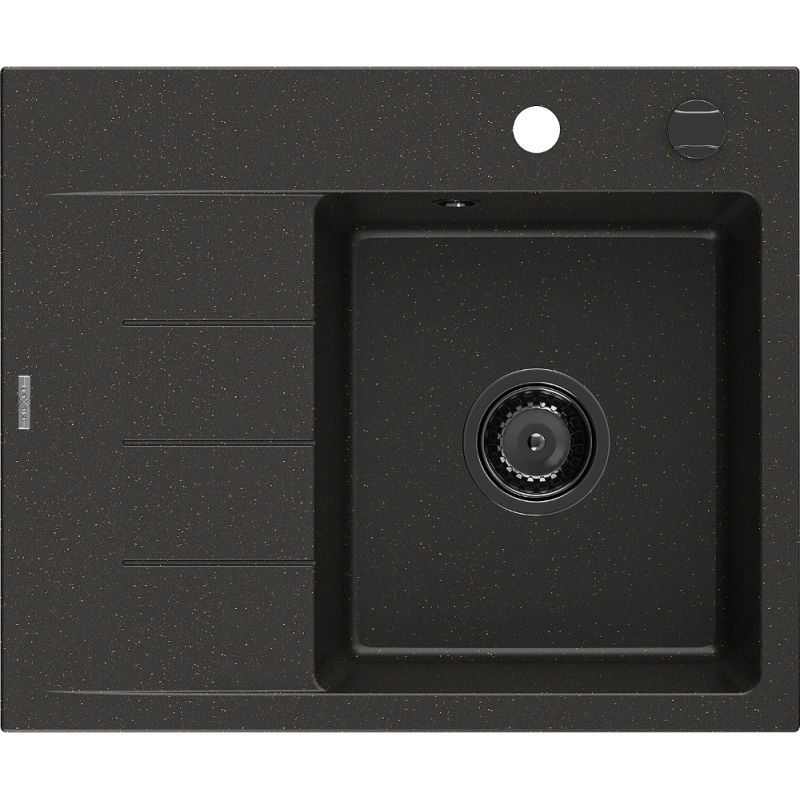 Mexen Ben évier en granit 1 bac avec égouttoir à droite 600 x 500 mm, noir/doré métallisé, siphon noir - 6523605000-75-B