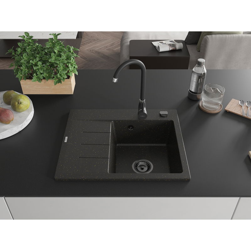 Mexen Ben évier en granit 1 bac avec égouttoir, droit 600 x 500 mm, noir/doré métallisé siphon noir - 6523605000-75-B