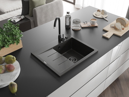 Mexen Ben évier en granit 1 bac avec égouttoir à droite 600 x 500 mm, noir/doré métallisé, siphon noir - 6523605000-75-B