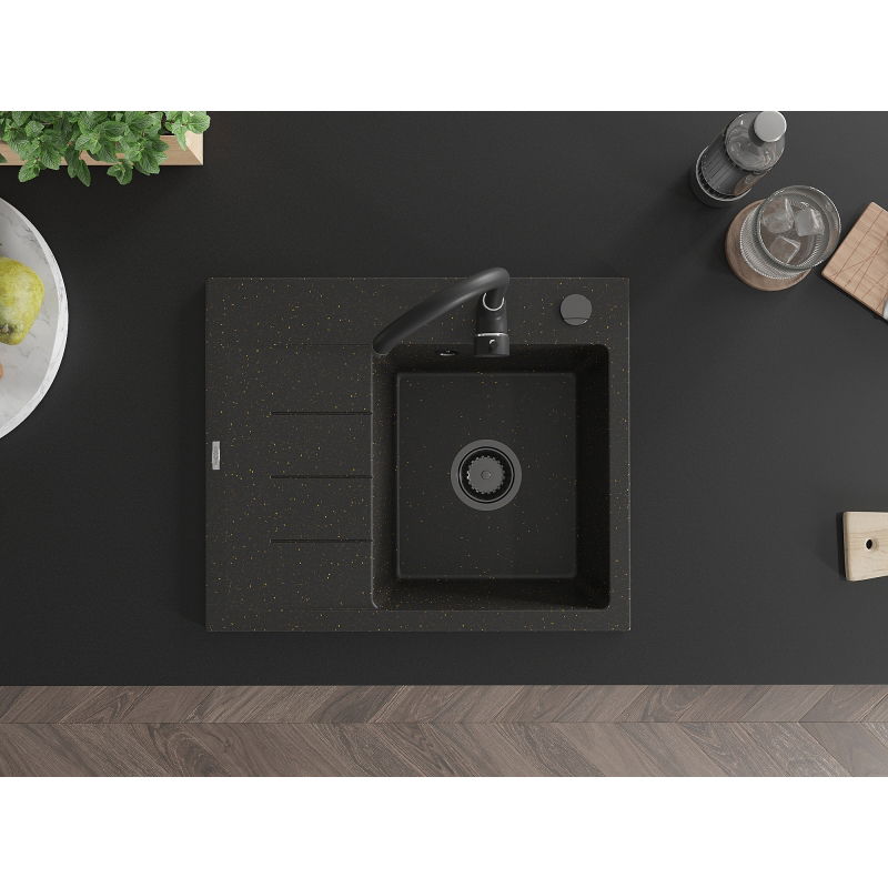 Mexen Ben évier en granit 1 bac avec égouttoir, droit 600 x 500 mm, noir/doré métallisé siphon noir - 6523605000-75-B