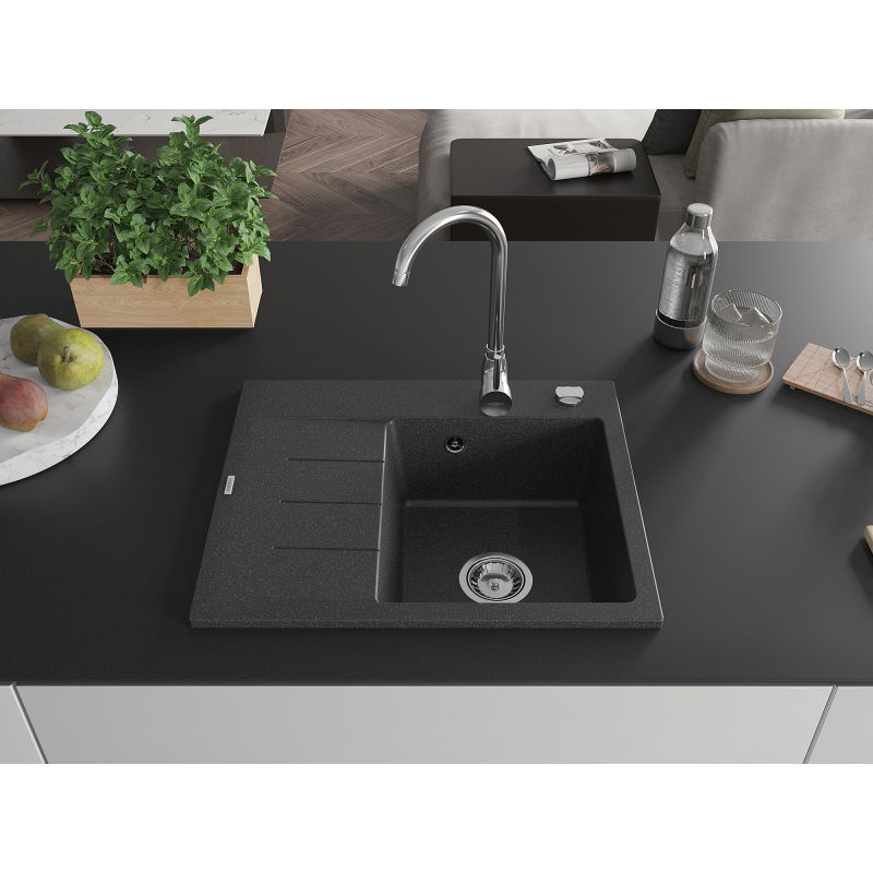 Mexen Ben évier en granit 1 bac avec égouttoir, droit 600 x 500 mm, noir moucheté, siphon chromé - 6523605000-76