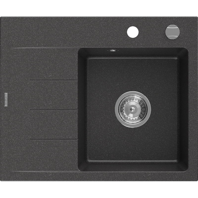 Mexen Ben évier en granit 1 bac avec égouttoir à droite 600 x 500 mm, noir moucheté, siphon chromé - 6523605000-76
