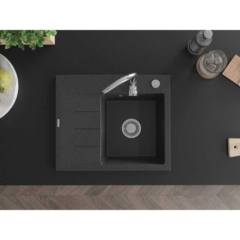 Mexen Ben évier en granit 1 bac avec égouttoir, droit 600 x 500 mm, noir moucheté, siphon chromé - 6523605000-76