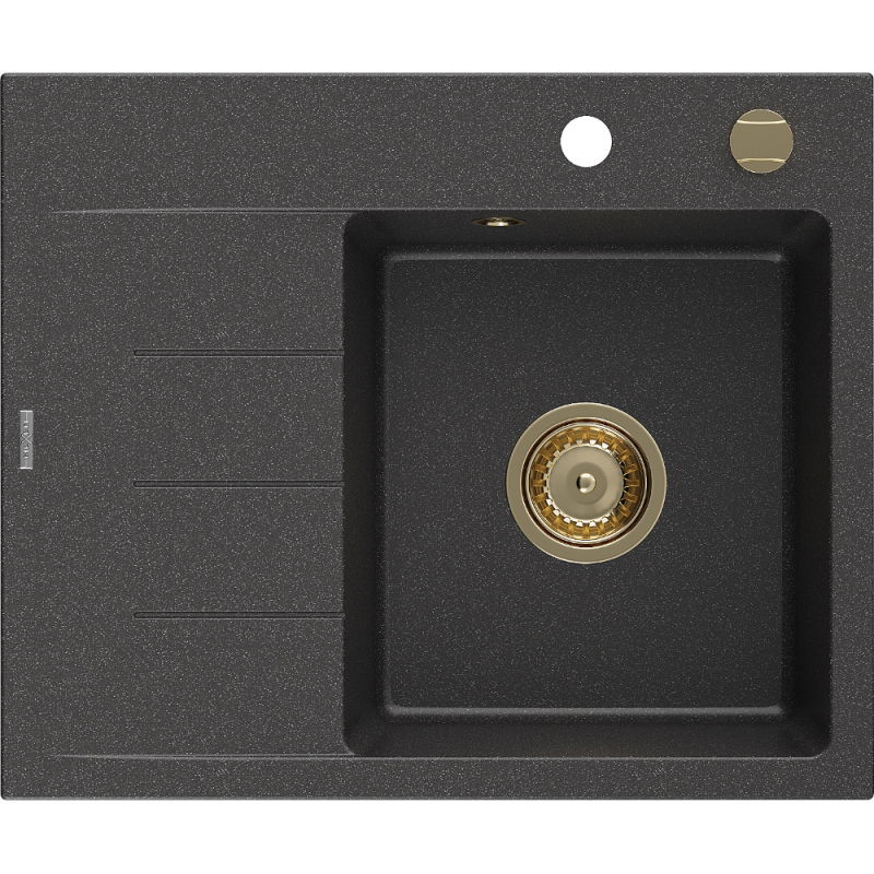 Mexen Ben Évier en granit à 1 bac avec égouttoir, droit 600 x 500 mm, noir moucheté, siphon doré - 6523605000-76-G