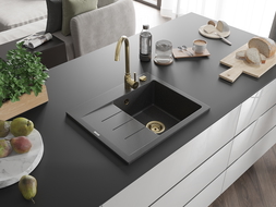 Mexen Ben Évier en granit à 1 bac avec égouttoir, droit 600 x 500 mm, noir moucheté, siphon doré - 6523605000-76-G