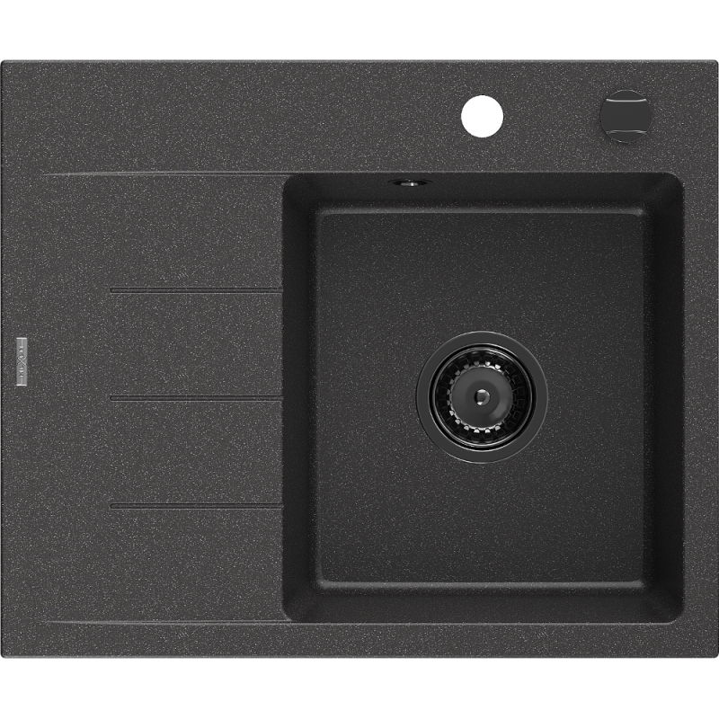 Mexen Ben évier granitique 1 bac avec égouttoir droit 600 x 500 mm, noir moucheté, siphon noir - 6523605000-76-B