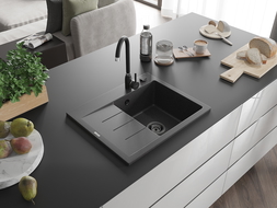 Mexen Ben évier en granit 1 bac avec égouttoir, à droite 600 x 500 mm, noir moucheté, siphon noir - 6523605000-76-B