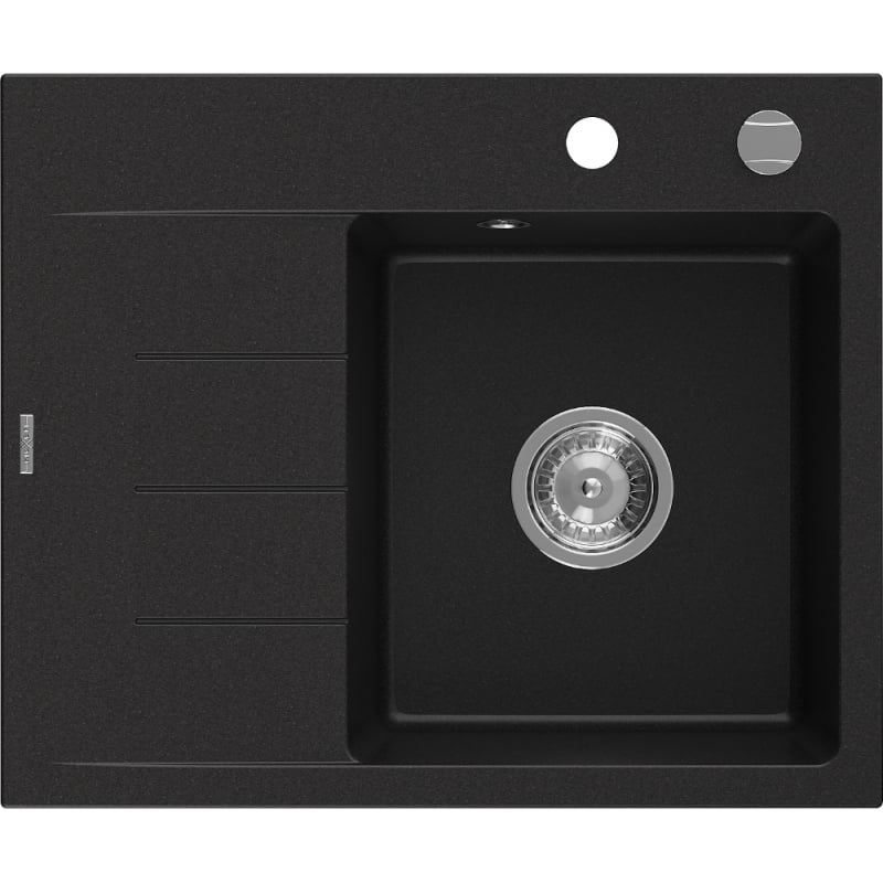 Mexen Ben évier en granit 1 bac avec égouttoir, à droite 600 x 500 mm, noir, siphon chromé - 6523605000-77