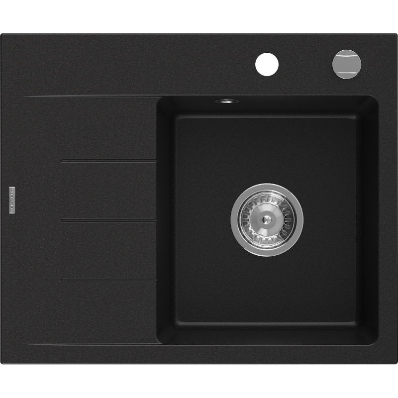 Mexen Ben évier en granit 1 bac avec égouttoir droit 600 x 500 mm, noir, siphon chromé - 6523605000-77