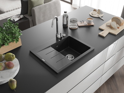 Mexen Ben évier en granit 1 bac avec égouttoir droit 600 x 500 mm, noir, siphon chromé - 6523605000-77