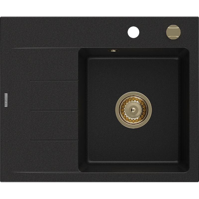Mexen Ben évier en granit 1 bac avec égouttoir à droite 600 x 500 mm, noir, siphon doré - 6523605000-77-G