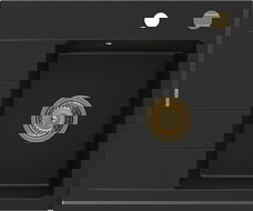 Mexen Ben Évier en granit 1 bac avec égouttoir, droit 600 x 500 mm, noir, siphon doré - 6523605000-77-G