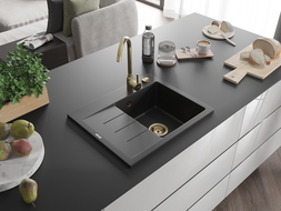 Mexen Ben évier en granit 1 bac avec égouttoir à droite 600 x 500 mm, noir, siphon doré - 6523605000-77-G