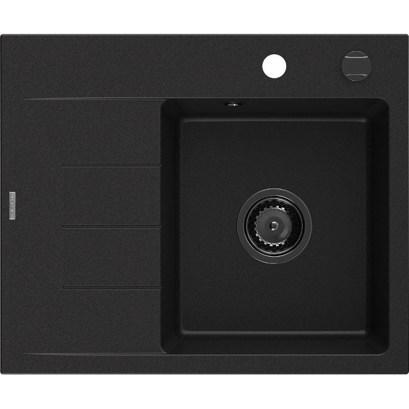 Mexen Ben évier en granit 1 bac avec égouttoir droit 600 x 500 mm, noir, siphon noir - 6523605000-77-B