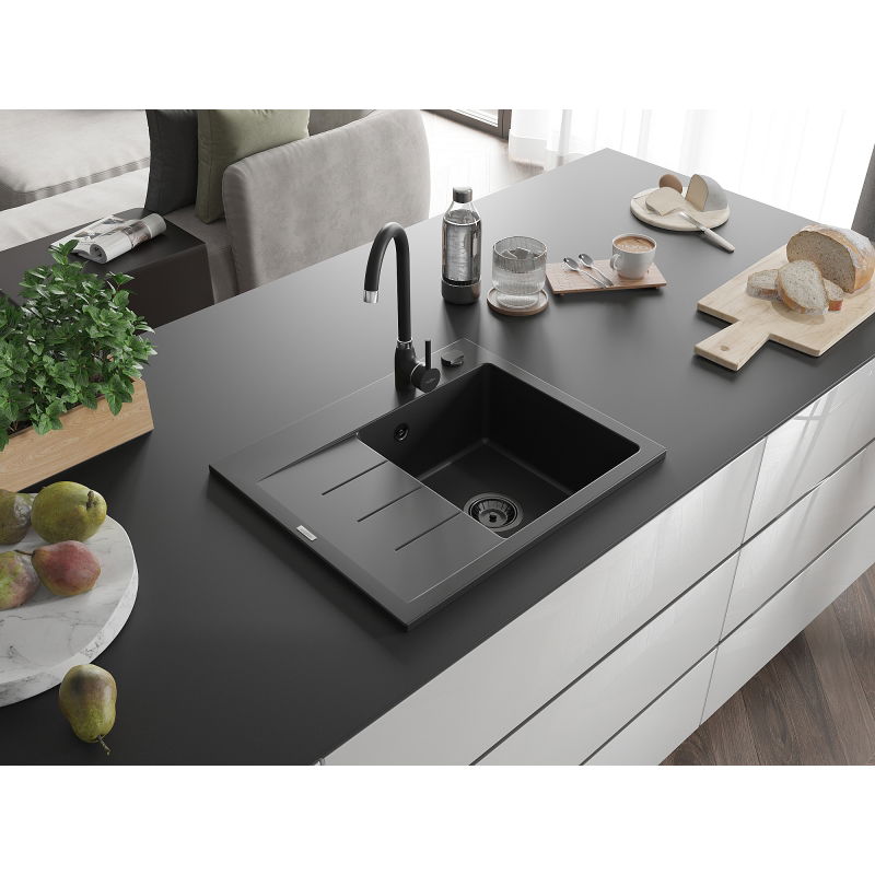 Mexen Ben évier en granit à 1 bac avec égouttoir, droit 600 x 500 mm, noir, siphon noir - 6523605000-77-B